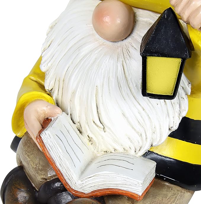 Exhart Solar Beekeeper Garden Gnome Statue, LED Hat, Lantern,Hand Painted Cute Yard Décor, 5.5" x9.5”