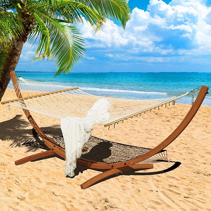 Lazy Daze Hammocks 12 FT Double Rope Hammock and 13 FT Brown Wooden Arc Stand, 2 Person Hand Woven Cotton Hammock with Spreader Bar for Outdoor Patio Poolside, 450 lb Capacity, Natural