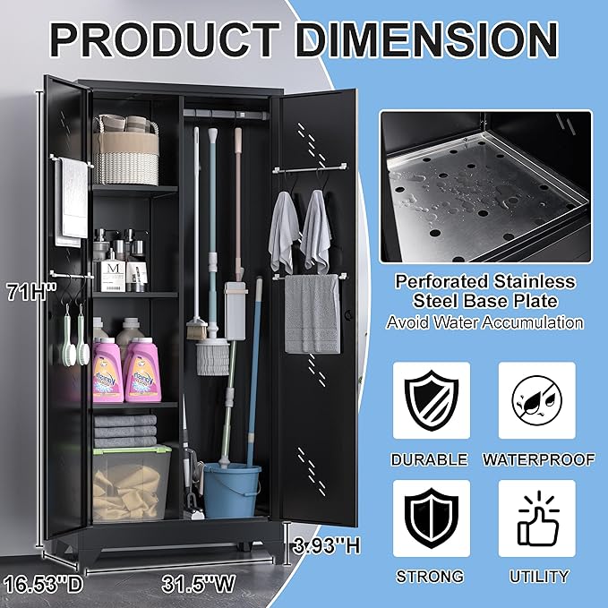 Broom Closet Storage Cabinet, 71" Metal Garage Cabinets with Lock & Hanging Rods, Utility Closet for Brooms and Mops, Cleaning Tool Cabinet for Home Office, Laundry Room
