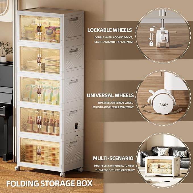 424 QT / 106 Gal Magnetic Door Storage Bins Collapsible Stackable w/1 Lid, Heavy Duty Plastic Cabinet with Wheels for Home Office Organization (White)