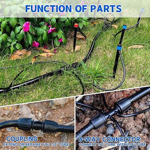 50 FT 1/2 Inch Drip Irrigation Tubing Main Drip Line Hose Tube for Garden Watering Landscape Irrigation System (Includes 2 Pack 6-Way Connector and 1/2" Straight Connector)