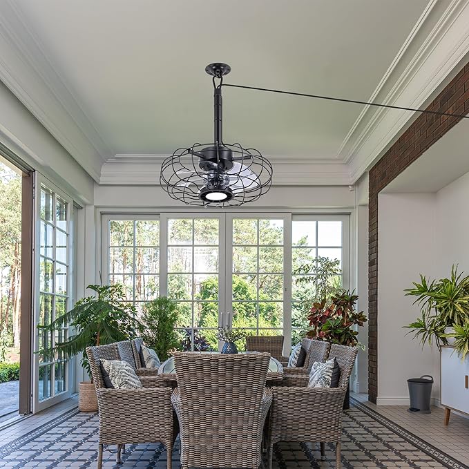 15" Outdoor Ceiling Fans with Lights and Remote,Black Waterproof Gazebo Fan, Plug in Ceiling Fan with 3 Color LED Light, Portable Hanging Gazebo Fans with Plug in Cord Hook for Patios