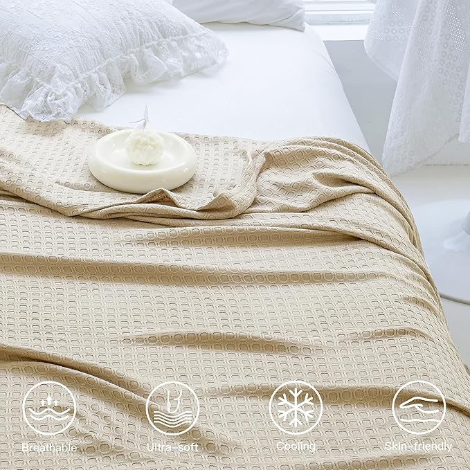 AmyHomie Cooling Blanket Queen Size, 100% Rayon Derived from Bamboo, Lightweight Cool Summer Blanket for Hot Sleepers Soft Comfy Waffle Blankets for All Seasons(90×90in,Khaki)