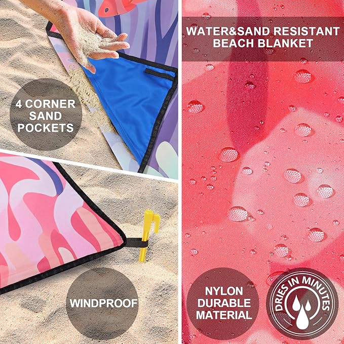 Beach Blanket Waterproof Sandproof Extra Large Beach Mat 79" X 83"/120"x108"for 1-8 Adults Quick Drying Durable Outdoor Picnic Mat for Beach Travel Camping Hiking