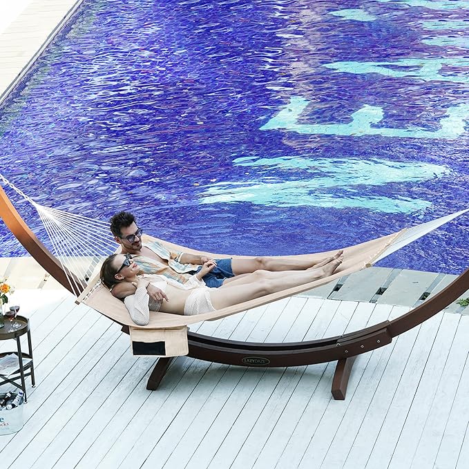 Lazy Daze Hammocks 11 FT Double Outside Hammock Quick Dry Olefin Fabric Hammock with Spreader Bar & Side Pocket for Outdoor Poolside Backyard 450 lbs Capacity, Beige