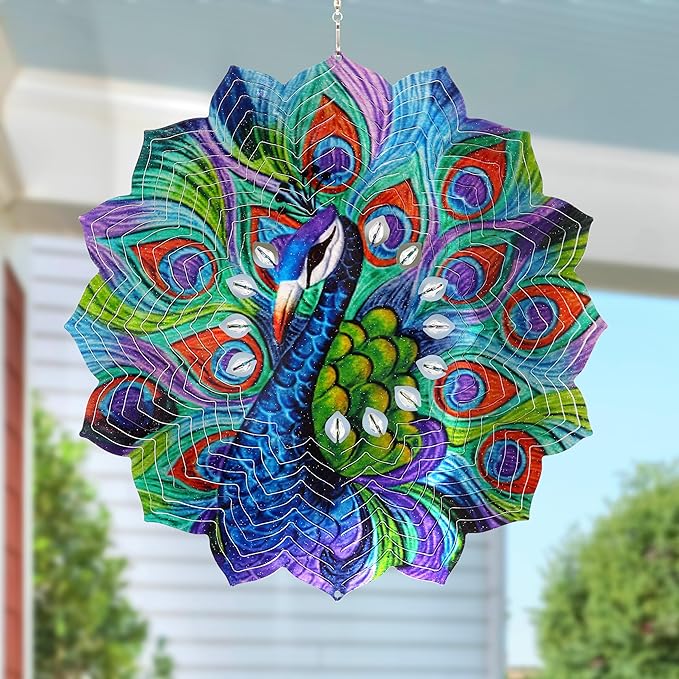 Exhart Wind Spinner, Peacock Mandala Hanging Wind Sculpture, 3D Laser Cut Patterns with Bead Details, Metal Outdoor Garden Decoration, Multicolor Lawn and Yard Art, 12 Inch