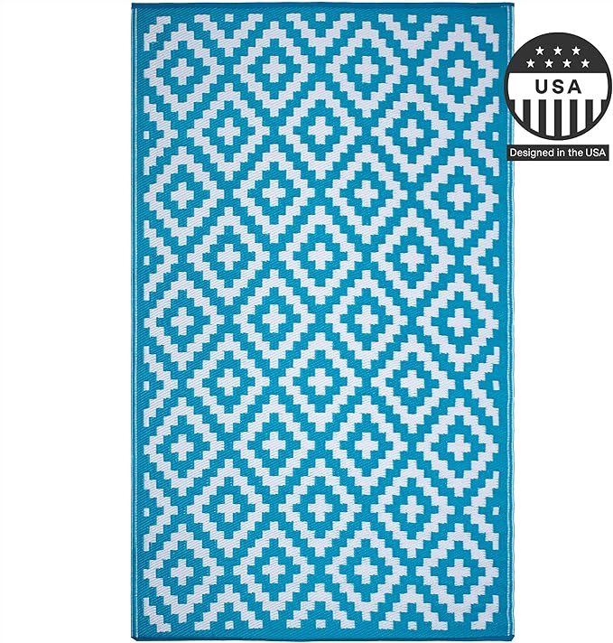 FH Home Outdoor Rug - Waterproof, Fade Resistant, Reversible - Premium Recycled Plastic - Geometric - Porch, Deck, Balcony, Mudroom, Laundry Room, Patio - Aztec - Teal & White Crease Free - 3 x 5 ft