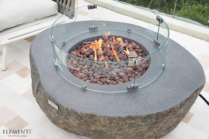 Elementi | Bundle Boulder Gas Fire Pit Cast Concrete Semi-Round Fire Table, Outdoor Fire Pit Electronic Ignition | Canvas Cover, Lava Rock Included | Propane Gas