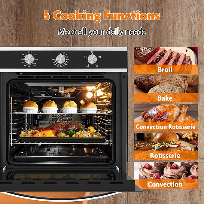 Gas Wall Oven 24 Inch CSA Certified,2.3 Cu.ft. Single, Natural Gas, Bake Broil Rotisserie, Mechanical Controls, Built-in Timer, Convection Fan in Stainless Steel