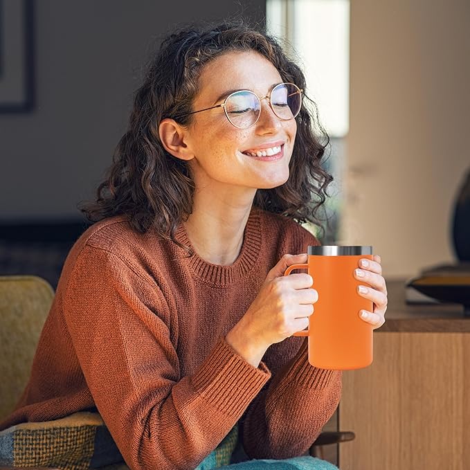 DOMICARE 24oz Mug with Handle and Lid, Stainless Steel Coffee Mug, Reusable Insulated Cup, Travel Mug with Handle, Double Wall Vacuum Coffee Tumbler for Men and Women, Orange, Pack 1