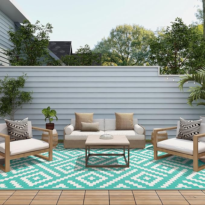 GENIMO Outdoor Rug for Patio Clearance, 6'x9' Waterproof Camping Mat, Reversible Plastic Straw Rugs for RV, Camper, Balcony, Backyard, Picnic, Deck (Lake Green & Beige White)