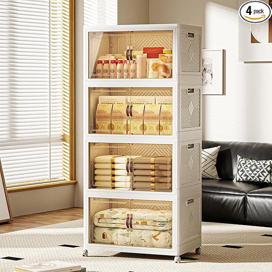 532 QT / 133 Gal Collapsible Storage Bins with Wheels & Magnetic Doors - Stackable Plastic Cabinet Organizer for Home, Garage, Closet (White Space-Saving Containers)