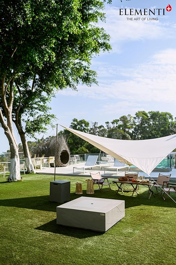 Elementi+ | Bundle Capertee Gas Fire Pit Cast Concrete 40" Square Fire Table, Outdoor Fire Pit Electronic Ignition | Canvas Cover, Fire Glass and Burner Lid Included | Light Gray | Natural Gas