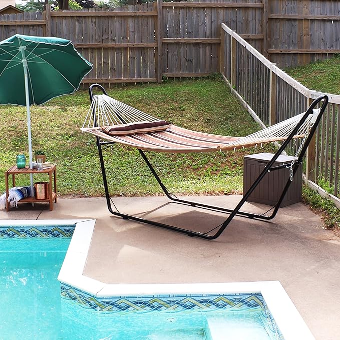 Sunnydaze Double Quilted Fabric Hammock with Universal Steel Stand - 450-Pound Capacity - Black Stand - Sandy Beach