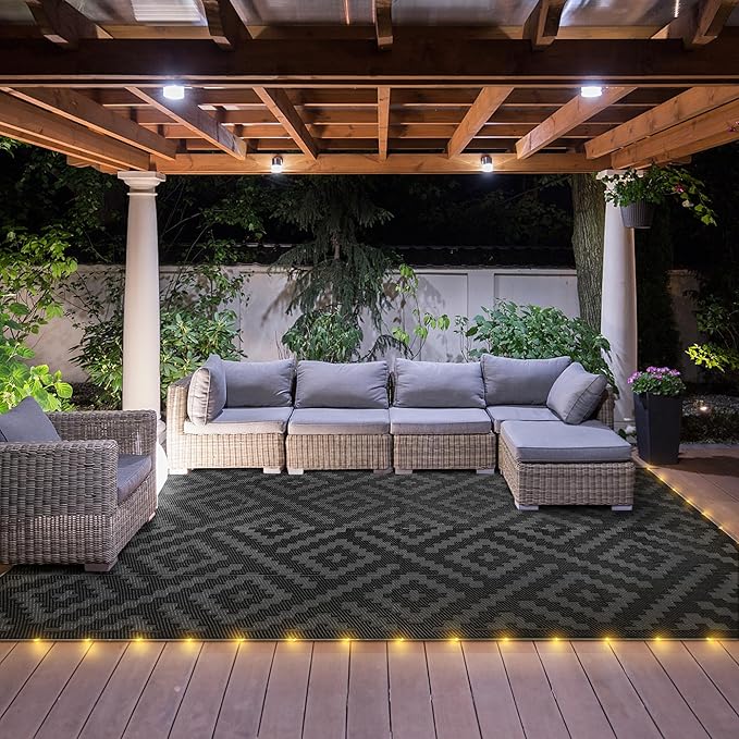 GENIMO Outdoor Rug with LED Strip Lights, 8'x10' Waterproof Camping Mat, Reversible Plastic Straw Rugs for Patio, RV, Camper, Balcony, Backyard, Picnic, Deck, Black & Gray