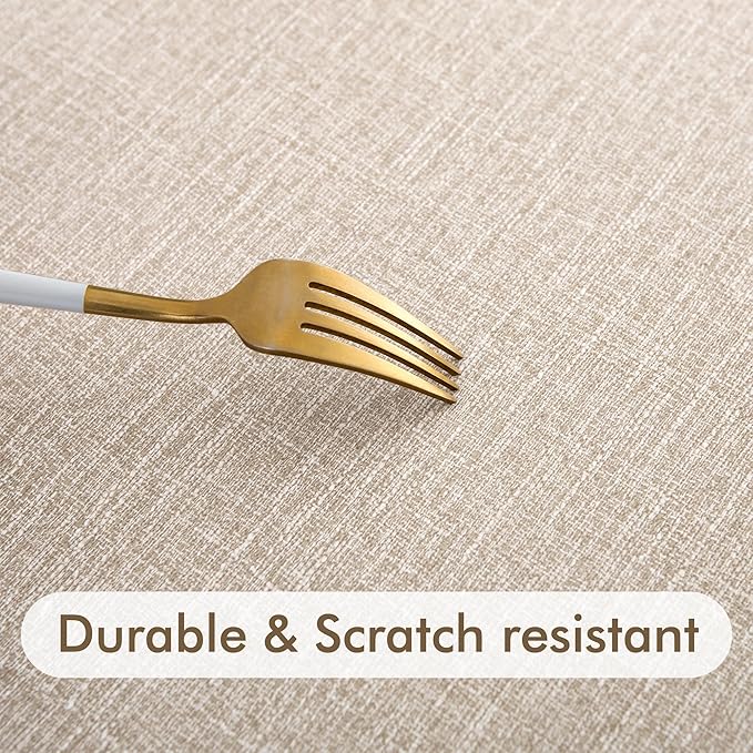 Fitable 2 Pack Faux Linen Round Table Cover with Flannel Backing, Vinyl Fitted Elastic Tablecloth Waterproof Table Cloth for Picnic, Party, Indoor Dining, Nature (Fit for 45"-56" Round Tables)