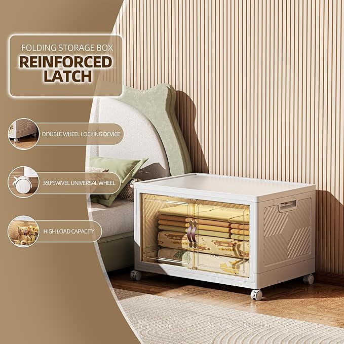 104 QT / 26 Gal Stackable Collapsible Storage Bins with Magnetic Doors & Wheels - Space-Saving Plastic Organizer Cabinet for Closet, Office, Home (White)