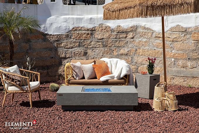 Elementi+ | Bundle Monte Carlo Gas Fire Pit Cast Concrete 60" Rectangular Fire Table | Electronic Ignition | Canvas Cover, Fire Glass and Burner Lid Included | Light Gray | Natural Gas