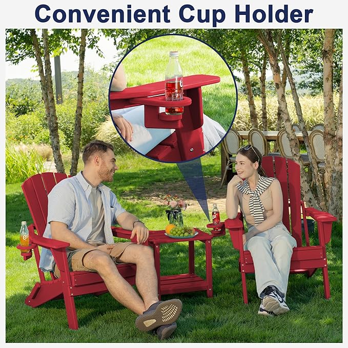 Folding Adirondack Chair, SGS Tested, Wooden Textured with Cup Holder, Heavy All-Weather HDPE Outdoor Chairs for Patio Backyard Lawn,Red