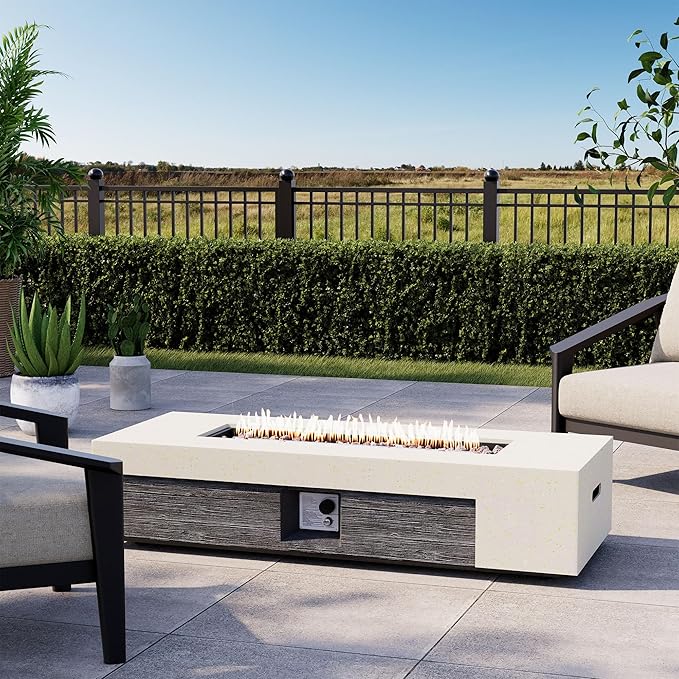 COSIEST 56" Outdoor Propane Fire Pit Table Rectangle Gas Fire Pit Table with Concrete & Wood Grain Design, 50000BTU CSA Certified Electronic Ignition Fire Tables for Patio, Backyard, Garden Heating