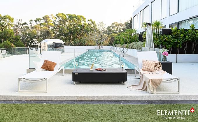 Elementi+ | Valencia Gas Fire Pit | Cast Concrete Body & Marble Porcelain Top | 62" Rectangular Fire Table | Electronic Ignition | Canvas Cover, Fire Glass & Burner Lid Included | Black | Propane Gas