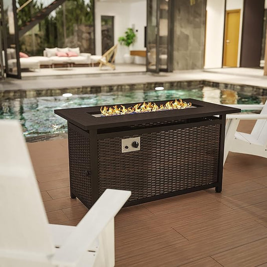 EMMA + OLIVER Ilya Propane Fire Table - Weather Resistant Wicker Base - Steel Top - 50,000 BTU's - Fits Standard Propane Tank (Not Included) - Includes Glass Beads