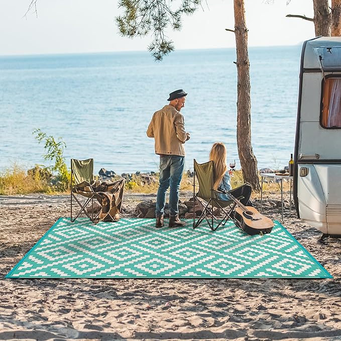GENIMO Outdoor Rug for Patio Clearance, 6'x9' Waterproof Camping Mat, Reversible Plastic Straw Rugs for RV, Camper, Balcony, Backyard, Picnic, Deck (Lake Green & Beige White)