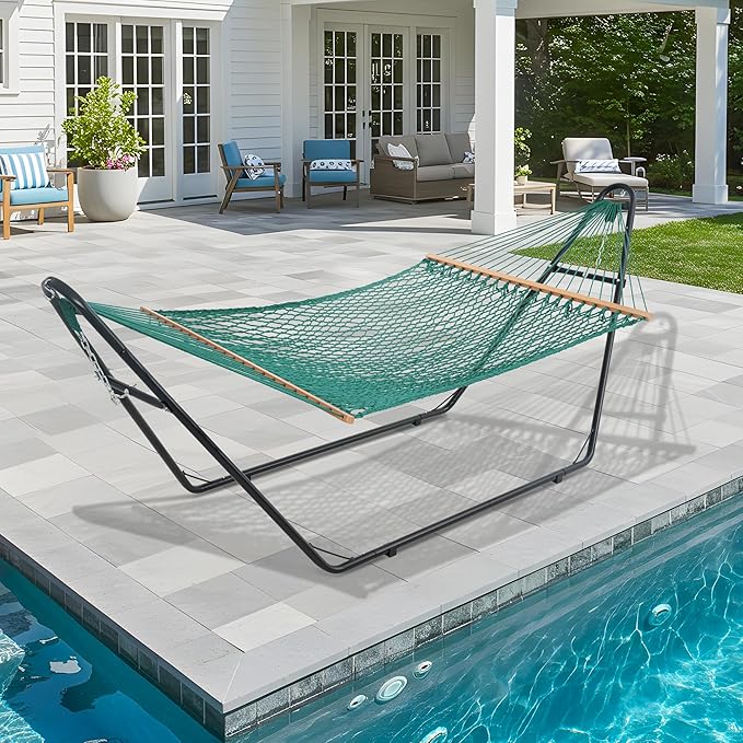 Lazy Daze Hammocks 12FT Double Rope Hammocks, 2 Person Hand Woven Cotton Hammock with Spreader Bar for Outdoor, Indoor, Patio, Poolside, FIT 13-15 Foot Stand, Max 450 Lbs, Green, 141 x 57 inches