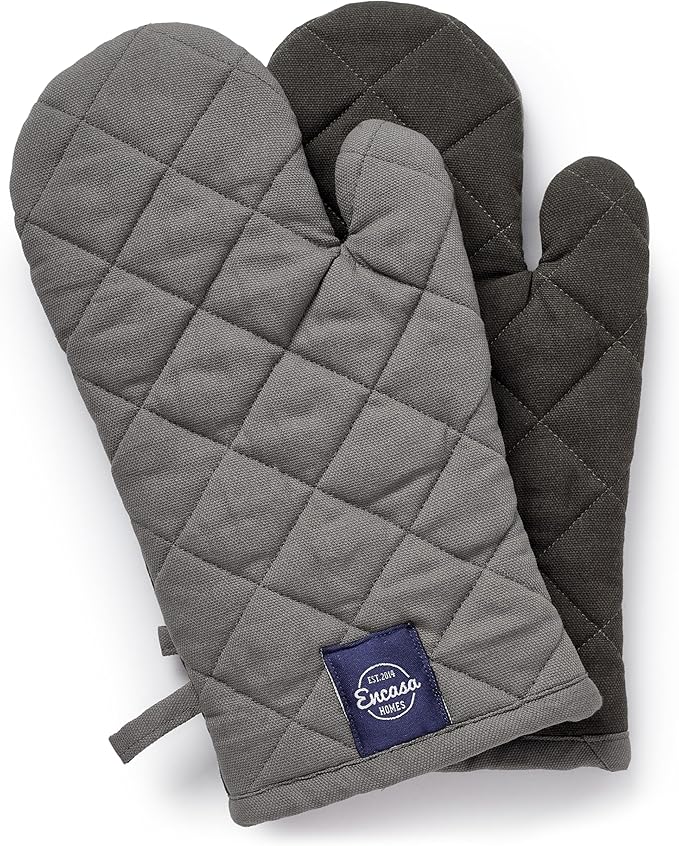 Encasa XO Heat Resistant Cotton Oven Gloves Mitts (2 Pc Set) - Quilted & Safe 12x7 in - for Kitchen, Cooking & Baking, Grilling, Handling Hot Pots & Pans - Grey