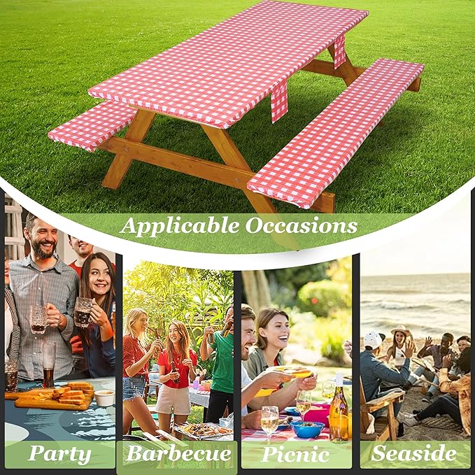 Fitted Picnic Table Cover with Bench Covers Vinyl Waterproof Elastic Edges Fitted Rectangle Tables Patio Tablecloth Camping Gear and Essentials Rv Accessories Road Trip Supplies Car Travel Must Haves