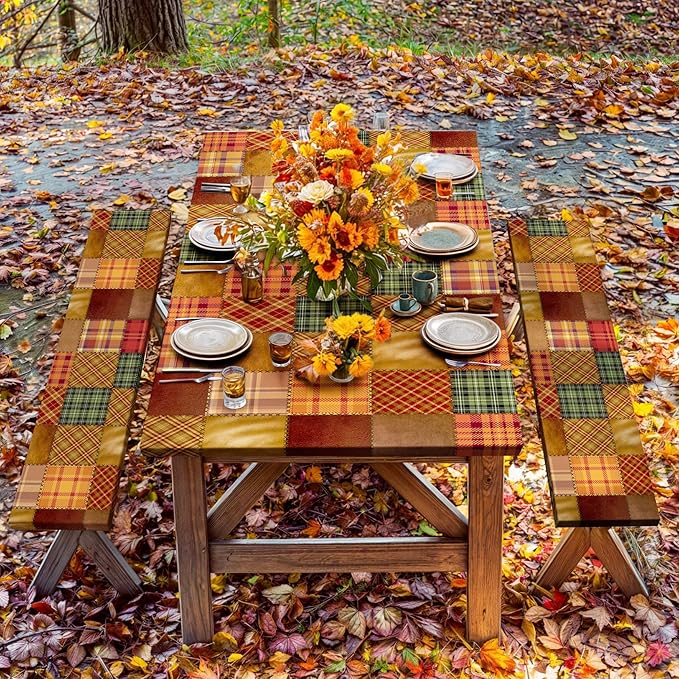 JAWO Picnic Table Covers with Bench Covers Camping Fall Autumn Tablecloth 6FT for 6 Person Fitted Picnic Table Cover with Elastic Windproof Waterproof Fabric, Camping Accessories Patio & Outdoor