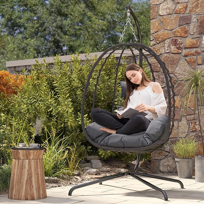 Egg Chair with Stand, Patio Wicker Bifanuo Hanging Chair, Hammock Swing Chair, 350LBS Capacity for Bedroom, Balcony, Garden(BR-GR)