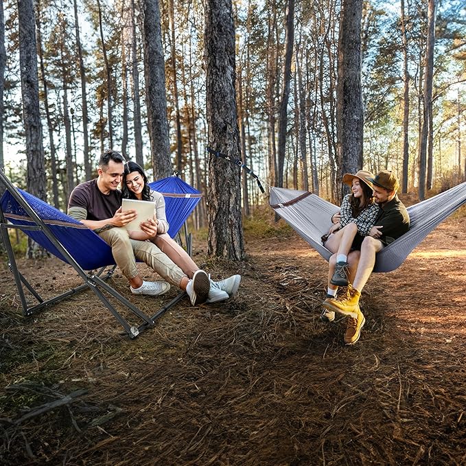 Tranquillo Combo x2 Hammocks with Stand for Outside & Tree Straps, Heavy Duty Hammock with Stand 600lbs for Indoor Outdoor Patio Backyard, x2 Hammocks for 2 Person, Portable Carrying Bags, Blue