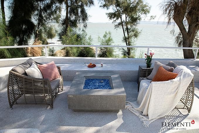 Elementi+ | Bundle Victoria Gas Fire Pit Cast Concrete 40" Square Fire Table, Outdoor Fire Pit Electronic Ignition | Canvas Cover, Fire Glass and Burner Lid Included | Light Gray | Propane Gas