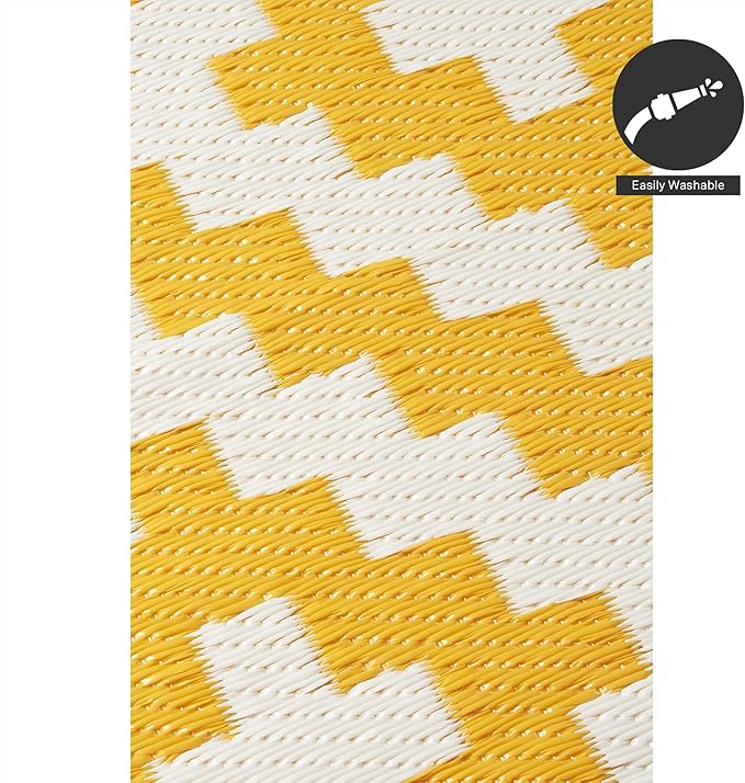 FH Home Outdoor Camping Rug - Waterproof, Fade Resistant, Reversible - Premium Recycled Plastic - Geometric - Picnic, Patio, Deck, Sunroom, RV - Aztec - Yellow & White - 4 x 6 ft Foldable
