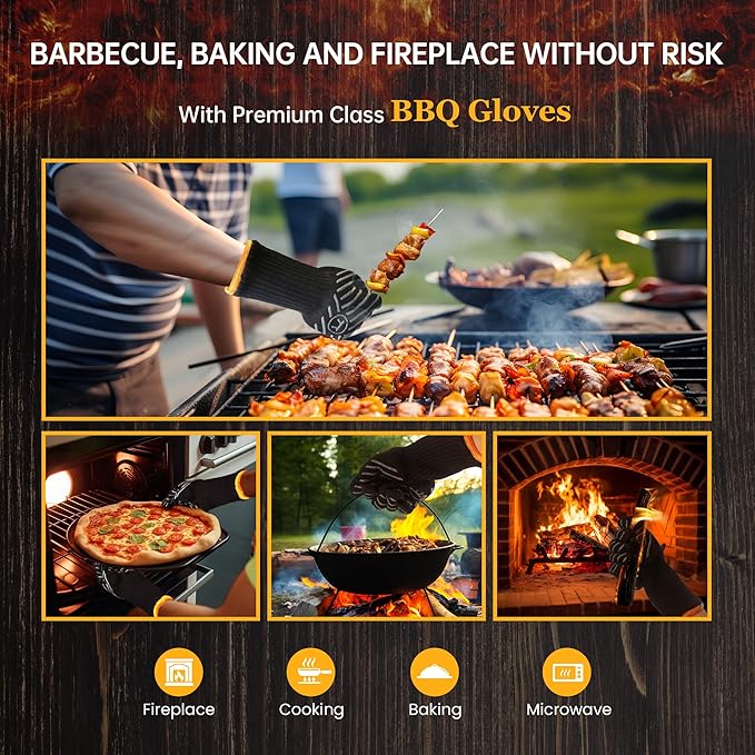 HandLove BBQ Gloves, Oven Gloves with Fingers –1472℉ Heat Resistant Gloves for Grilling | Aramid Retardant Non-Slip Grip, Long Cuff Mitts, Black,L
