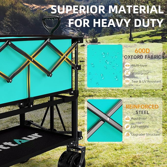 Foldable 50''L Extra Long Double Decker Wagon for Sport, 400L Collapsible Heavy Duty Wagon Cart with Big Wheels, Utility All-Terrain Large Extender Cart for Outdoors, Light Blue
