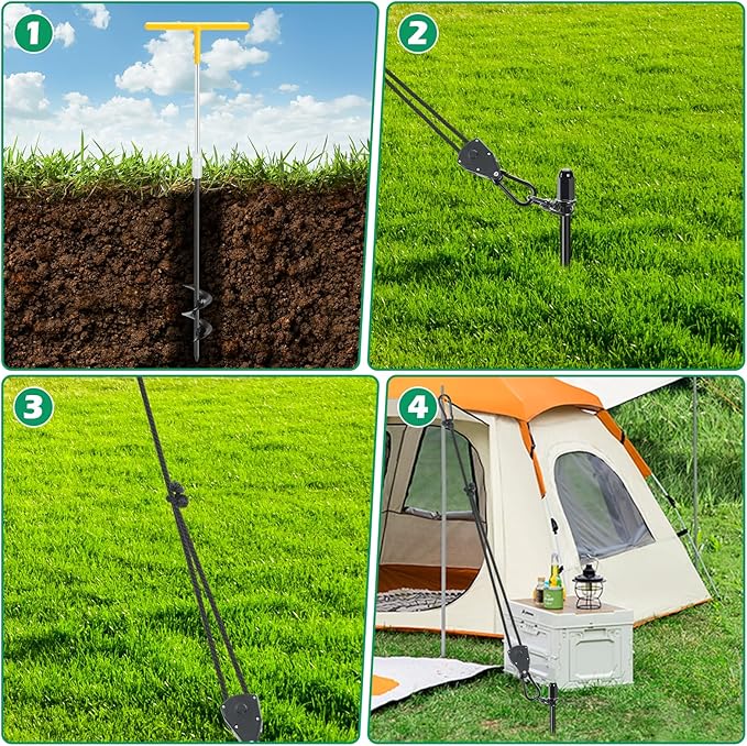 Tent Stake Heavy Duty Kit for High Winds, 4 Pack 17.7" Ground Anchors Screw-in, with Retractable Tie-Down Straps Ropes, Earth Anchors Kit for Campers, Temporary Tents, RV, Awning, Gazebos,Carport
