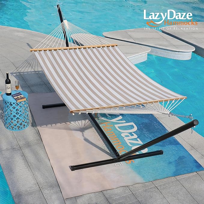 Lazy Daze Hammocks Quick Dry Hammock with Spreader Bar Textliene Fabric Double Outside Hammock with Chains Outdoor Patio Poolside Backyard Beach 450 lbs Capacity, Beige White Stripes