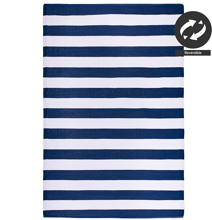 FH Home Outdoor Rug - Waterproof, Fade Resistant, Reversible - Premium Recycled Plastic - Striped - Patio, Deck, Porch, Balcony, Laundry Room - Brittany Stripe - Blue & White Crease Free - 4 x 6 ft