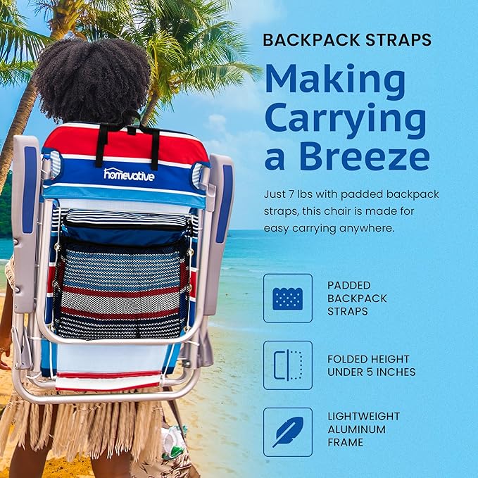 Homevative Backpack Fold-Up Beach Chair, 5 Positions, Towel bar, Cooler, Storage Pouch, Cup Holder and Phone Pocket