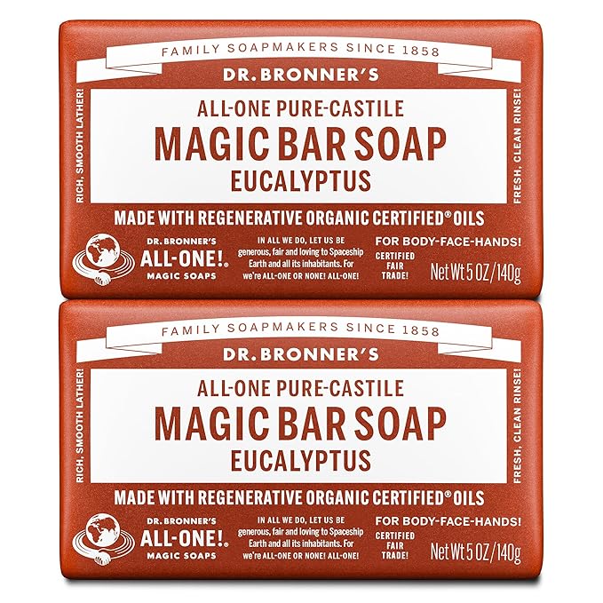Dr. Bronner's Pure-Castile Magic Bar Soaps - Made with Regenerative Organic Certified Oils - For Face, Body, Hair- Vegan Soap Bars for Men & Women - Eucalyptus 2 pack, 5 oz