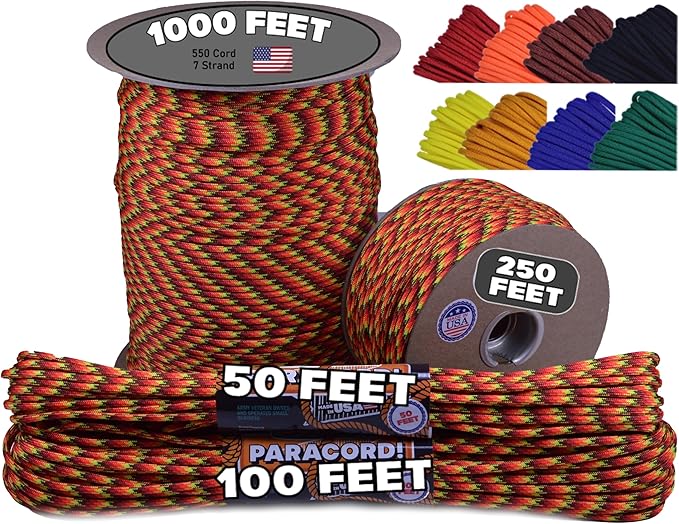 BORED? PARACORD! 550 lb Paracord - Ideal for Crafting, Camping, DIY Projects, Active & Military Outdoors - Strong Survival Rope - Tactical Parachute Cord Type III - Fireball 50 Feet