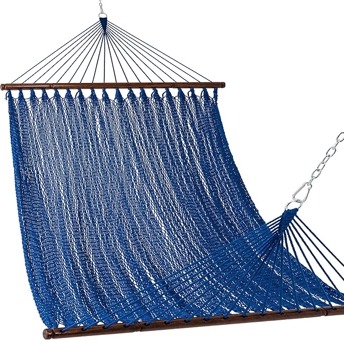 Lazy Daze Hammocks 10.5 FT Double 2 Person Caribbean Rope Hammock, Hand Woven Polyester Hammock with Spreader Bars, for Outside Outdoor Backyard Patio Poolside,450 LBS Capacity, Blue