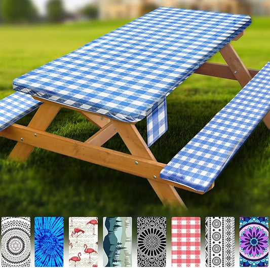 Fitted Picnic Table Cover with Bench Covers Vinyl Waterproof Elastic Edges Fitted Rectangle Tables Patio Tablecloth Camping Gear and Essentials Rv Accessories Road Trip Supplies Car Travel Must Haves
