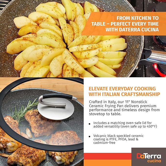 DaTerra Cucina 11" Nonstick Ceramic Frying Pan with Lid – Oven & Induction Safe, High Heat Resistant Nonstick Cookware, Dishwasher Safe, Durable & Stylish - Volcanic Black Speckled – Made in Italy