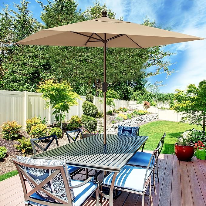 EliteShade USA 10-Year-Non-Fading 6.5x10Ft Rectangular Market Umbrella Patio Umbrella Outdoor Table Umbrella with Ventilation（Hrather Beige）