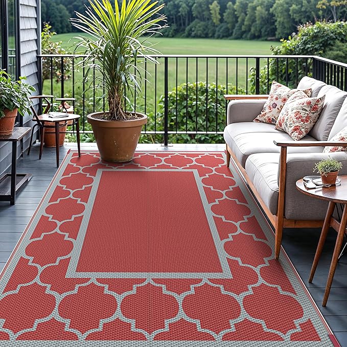 GENIMO 6' x 9' Outdoor Rug Waterproof for Patio Decor, Foldable Reversible Plastic Straw Area Rugs Mat for Camper, Outside Carpet for Rv, Deck, Porch, Picnic, Beach, Balcony, Red & Grey