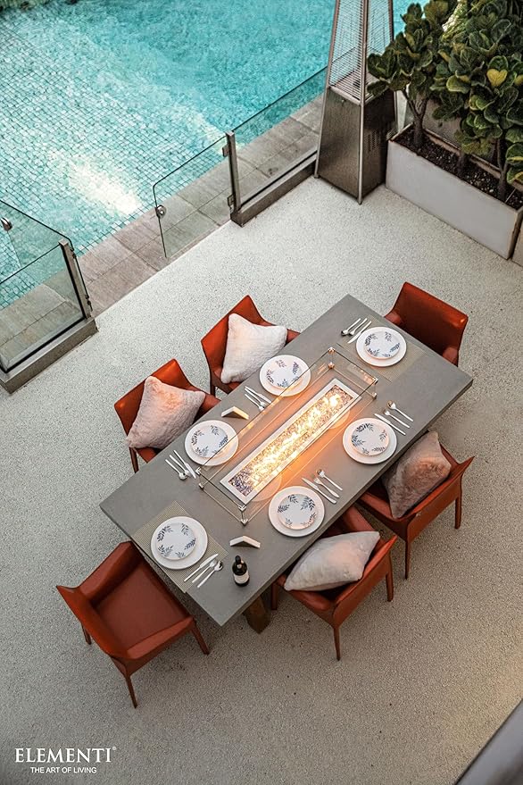 Elementi | Bundle Sonoma Gas Fire Pit Cast Concrete Rectangular Dining Fire Table, Outdoor Fire Pit Electronic Ignition | Canvas Cover, Lava Rock Included | Propane Gas