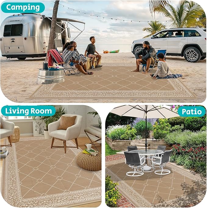 HEBE Outdoor Rug Waterproof 9x12, Reversible Plastic Straw Rug RV Camping Rug, Indoor Outdoor Patio Mat Clearance, Outside Carpet for Porch,Deck,Camper,Balcony,Backyard,Picnic